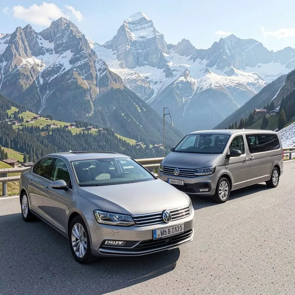 Une berline Volkswagen Passat et un van Volkswagen Caravelle sur une route de Tarentaise, devant les sommets enneigés.